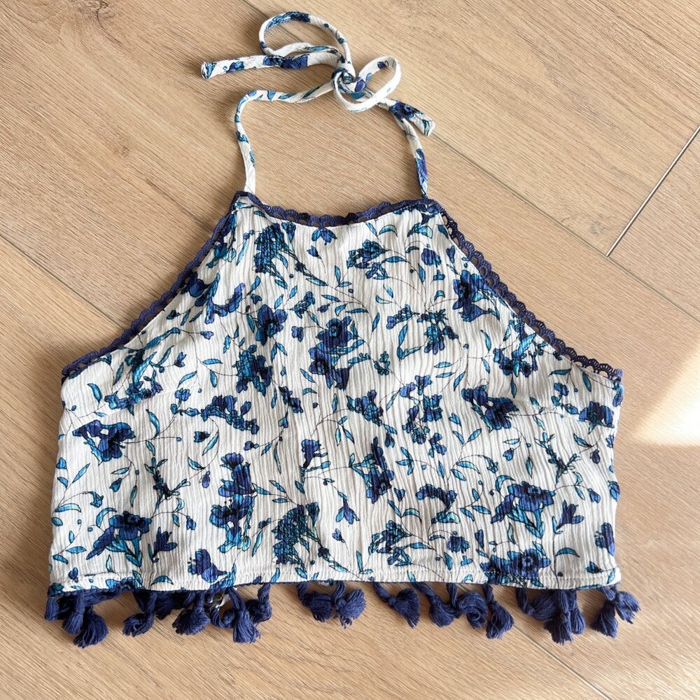 Floral Print Kiss The Sky Festival Crop Halter Top With Pom Tassel Hem